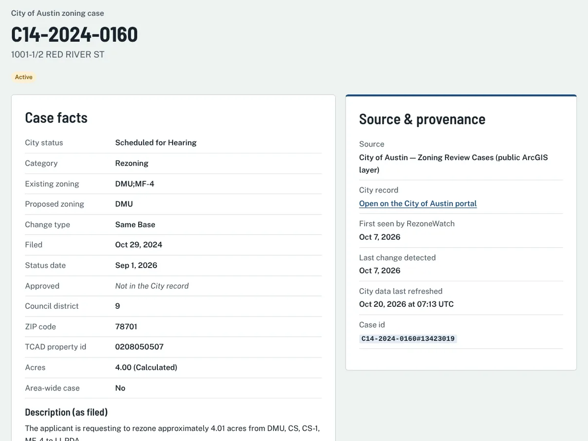 RezoneWatch case detail page: case facts, source and provenance panel with a link to the City record, linked cases and detected changes.